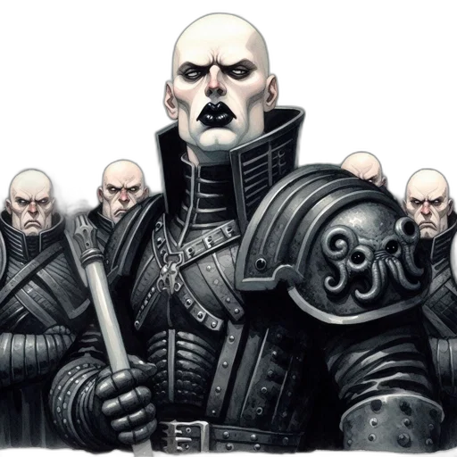 staff, face, concept art, fantasy art, comic book art, monochrome, figure, dark transparent PNG cut-out