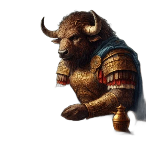 fantasy art, concept art, majestic, armored, bull-like, creature, reads, tented transparent PNG cut-out