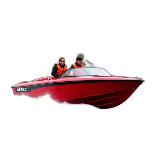 3d render, photorealistic, concept art, red, speedboat, two, people, wearing transparent PNG cut-out