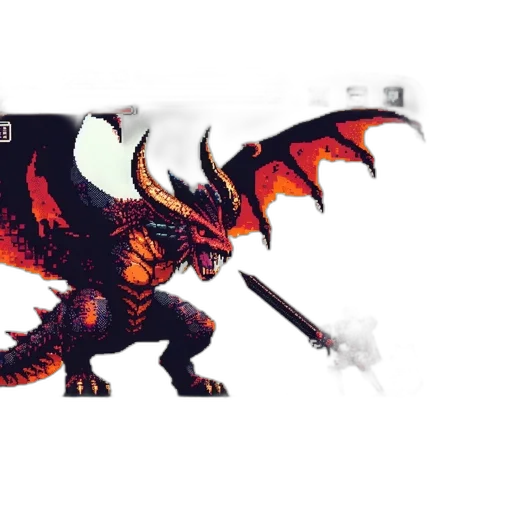 dragon, sword, concept art, fantasy art, pixel art, 3d render, red, dark transparent PNG cut-out