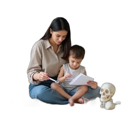 woman, child, sitting, floor, room, skeleton, model, standing transparent PNG cut-out