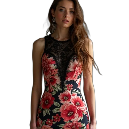 dress, red, dark, flower transparent PNG cut-out