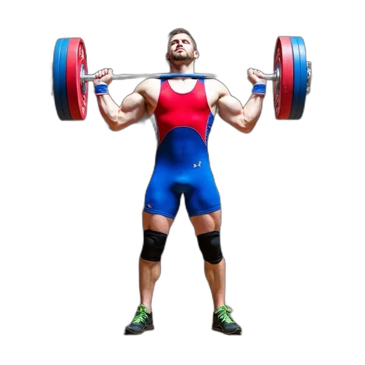 man, blue, red, uniform, lifting, heavy, barbell, overhead transparent PNG cut-out