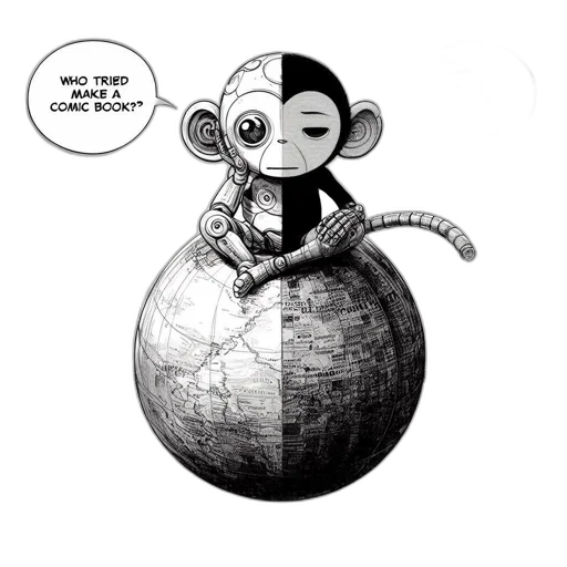 robot, comic book art, concept art, cartoon, outer space, anthropomorphic, monkey, hybrid transparent PNG cut-out