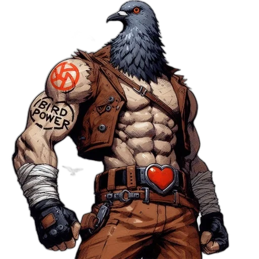 comic book art, concept art, pixel art, fantasy art, muscular, pigeon-headed, warrior, adorned transparent PNG cut-out