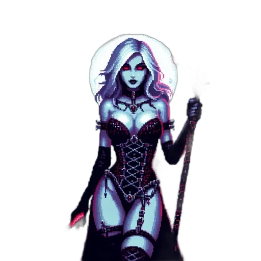 dress, staff, pixel art, comic book art, fantasy art, concept art, neon lights, dark transparent PNG cut-out