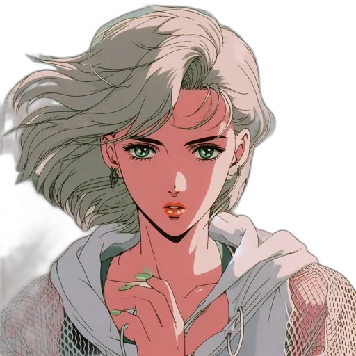 face, jacket, weapon, hair, vaporwave, anime, pixel art, cyberpunk transparent PNG cut-out