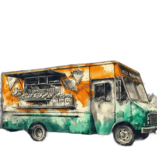 food, car, watercolor, concept art, photorealistic, orange, green, truck transparent PNG cut-out