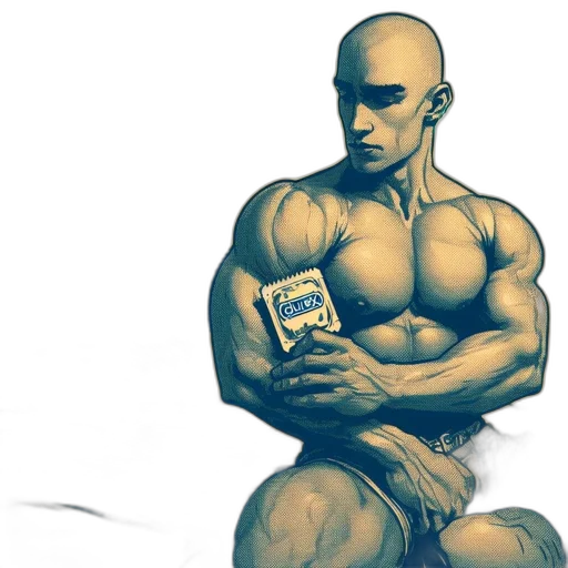 concept art, comic book art, photorealistic, cyberpunk, muscular, man, shirtless, holds transparent PNG cut-out