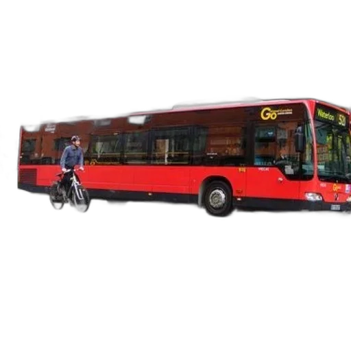 3d render, photorealistic, concept art, red, bus, word, driving, down transparent PNG cut-out