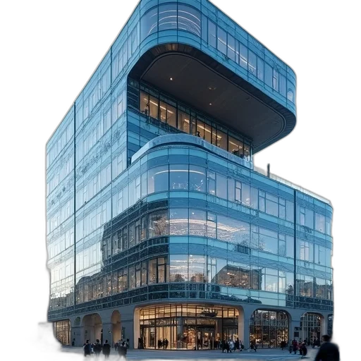 building, 3d render, concept art, city street, modern, glass, unique, curved transparent PNG cut-out