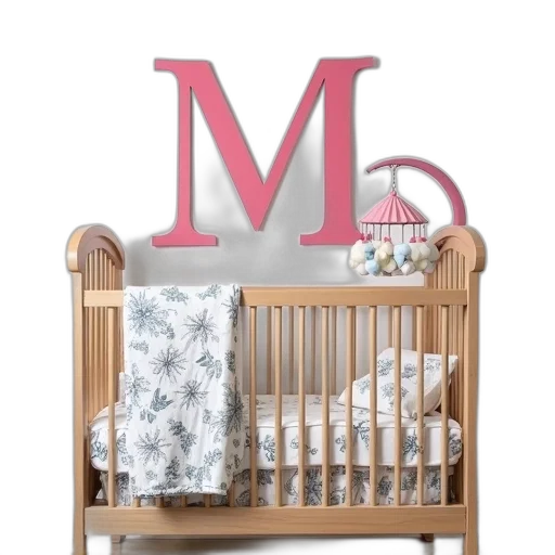 furniture, 3d render, wooden, crib, white, blue, floral, patterned transparent PNG cut-out