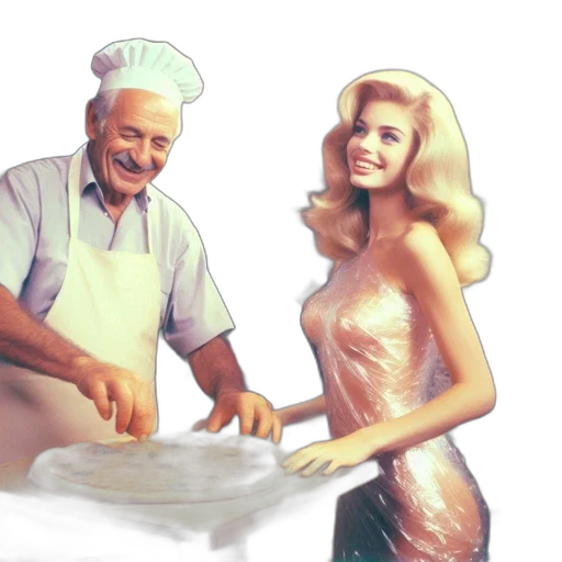 food, photorealistic, older, pizza, chef, places, box, while transparent PNG cut-out