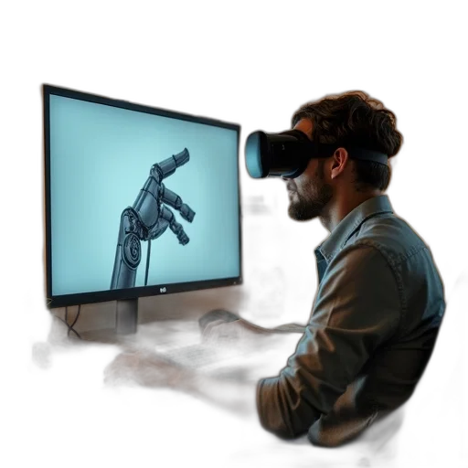 robot, cyberpunk, concept art, man, sitting, front, computer, monitor transparent PNG cut-out