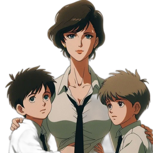 anime, concept art, pixel art, cartoon, earth tones, mother, two, sons transparent PNG cut-out