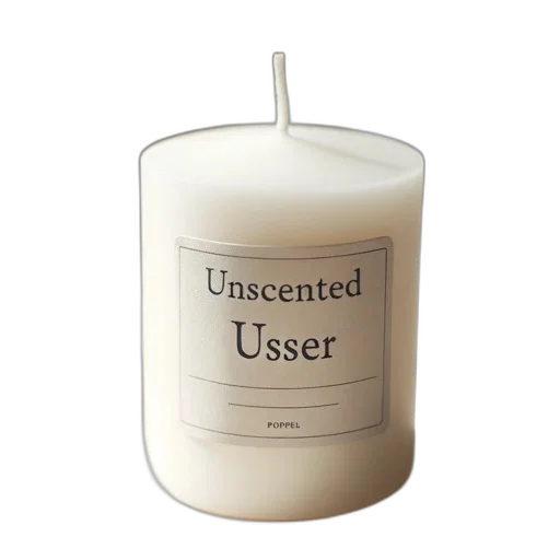 unscented, cream-colored, candle, labeled, user, popel, rests, upon transparent PNG cut-out