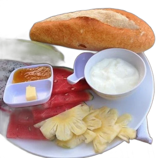 food, photorealistic, 3d render, plate, fruit, yogurt, bread, jam transparent PNG cut-out