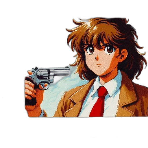 weapon, jacket, staff, robot, vaporwave, anime, pixel art, concept art transparent PNG cut-out