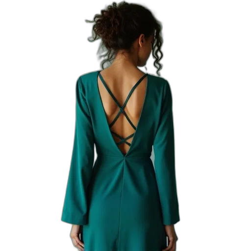 dress, jacket, jewelry, green, earth tones, criss, cross, back transparent PNG cut-out