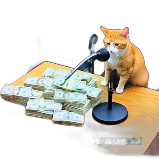 orange, tabby, cat, sits, desk, microphone, next, pile transparent PNG cut-out