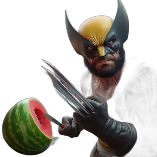 weapon, food, concept art, fantasy art, comic book art, 3d render, wolverine, wearing transparent PNG cut-out