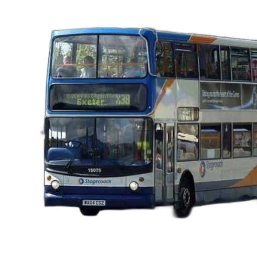 photorealistic, 3d render, blue, white, double-decker, bus, destination, exeter transparent PNG cut-out