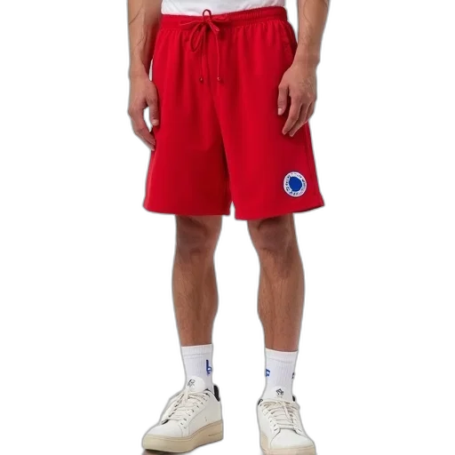 jacket, shoes, red, man, wearing, shorts, blue, logo transparent PNG cut-out