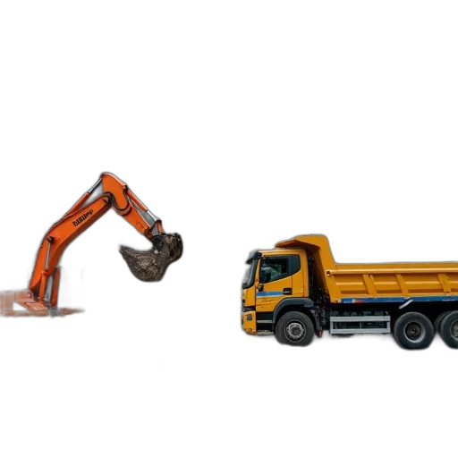3d render, concept art, construction, site, multiple, excavators, dump, trucks transparent PNG cut-out