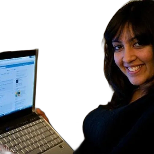 staff, woman, smiles, while, using, laptop, blue, screen transparent PNG cut-out