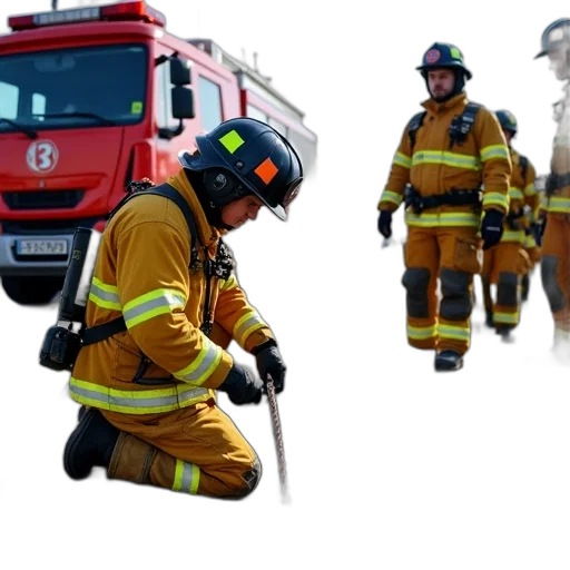 staff, fire, group, firefighters, full, gear, working, rescue transparent PNG cut-out