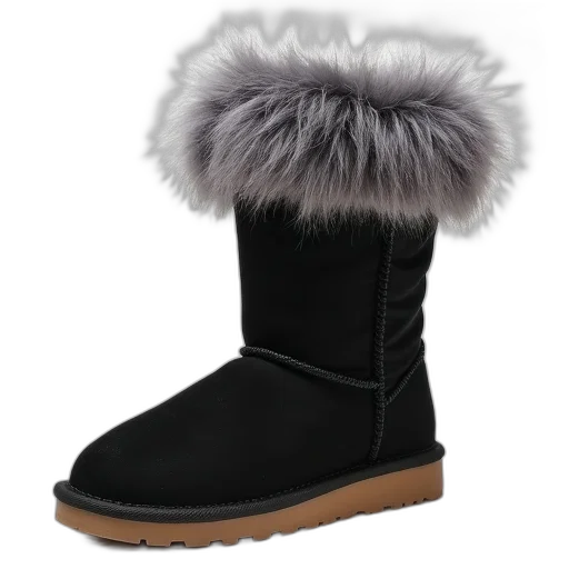 shoes, hat, black, winter, boot, fluffy, grey, fur transparent PNG cut-out