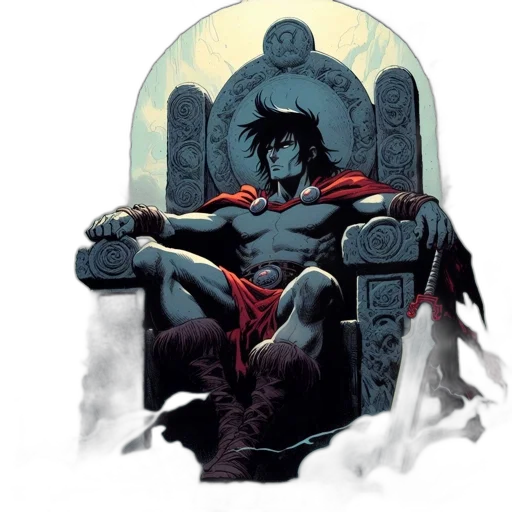 comic book art, concept art, fantasy art, pixel art, muscular, sword-wielding, man, sits transparent PNG cut-out