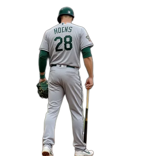 staff, green, baseball, player, gray, uniform, number, back transparent PNG cut-out