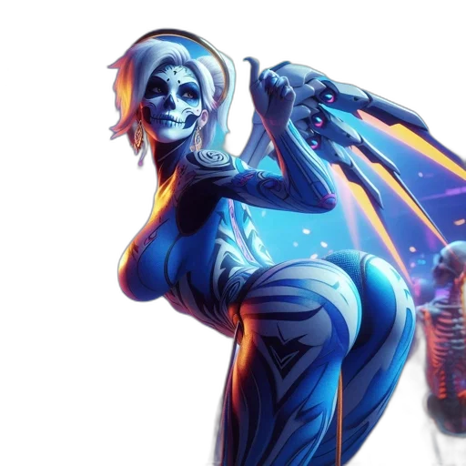 concept art, comic book art, fantasy art, cyberpunk, blue, central, figure, unusual transparent PNG cut-out