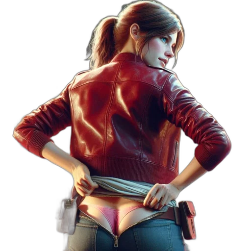 jacket, weapon, concept art, comic book art, cyberpunk, photorealistic, red, woman transparent PNG cut-out