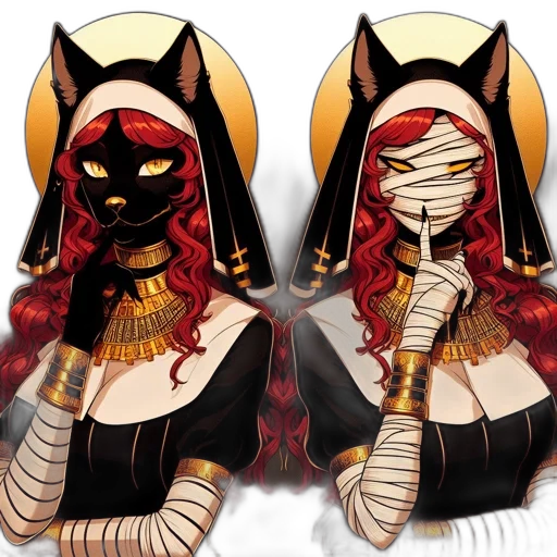 mask, concept art, pixel art, fantasy art, comic book art, two, feline, females transparent PNG cut-out