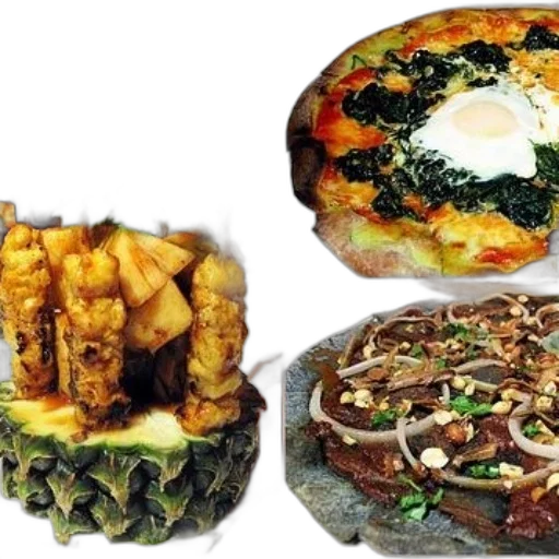 food, photorealistic, collage, three, dishes, skewered, pineapple, base transparent PNG cut-out