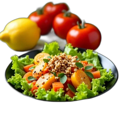food, photorealistic, 3d render, plate, salad, lettuce, carrots, orange transparent PNG cut-out