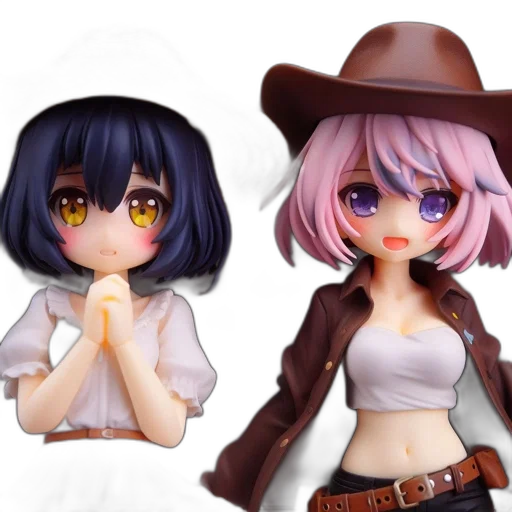 hat, 3d render, anime, concept art, photorealistic, two, characters, stand transparent PNG cut-out