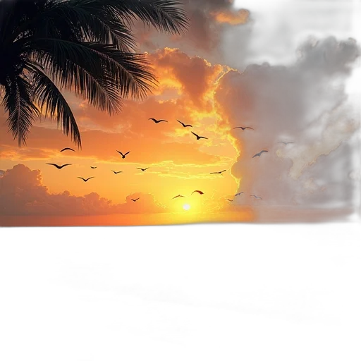 umbrella, hat, tree, photorealistic, 3d render, concept art, oil painting, sunset transparent PNG cut-out