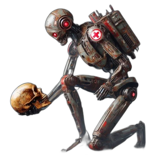 robot, weapon, concept art, cyberpunk, 3d render, comic book art, aging, rusted transparent PNG cut-out