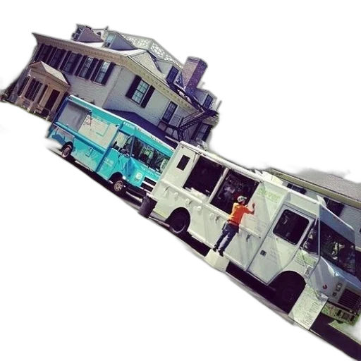 city street, two, food, trucks, parked, front, house, person transparent PNG cut-out