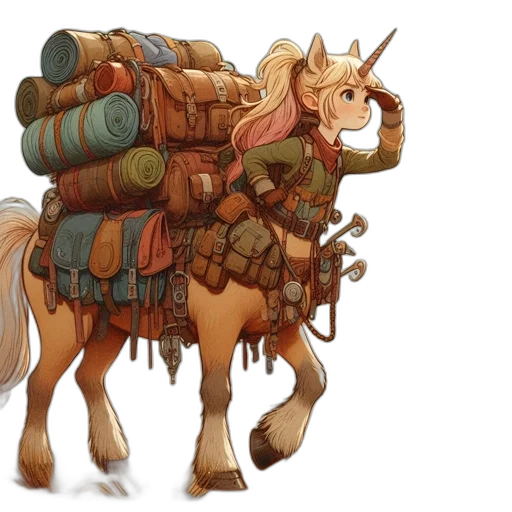 concept art, fantasy art, earth tones, woman, unicorn, horn, backpack, explores transparent PNG cut-out