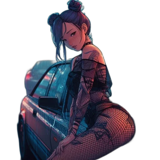 car, dress, jacket, umbrella, cyberpunk, concept art, anime, comic book art transparent PNG cut-out