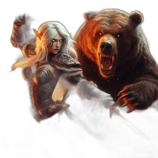 fantasy art, concept art, comic book art, pixel art, fire, elf-like, warrior, glowing transparent PNG cut-out