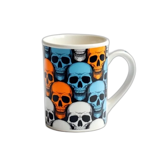 white, coffee, mug, design, multiple, skulls, various, colors transparent PNG cut-out