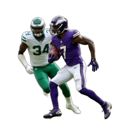football, player, purple, jersey, number, running, ball, field transparent PNG cut-out