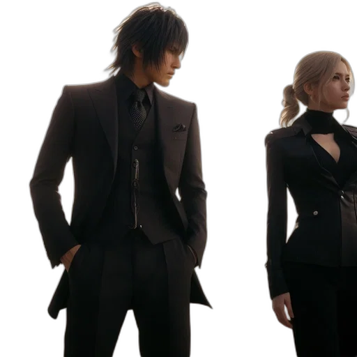 jacket, concept art, monochrome, dark, two, people, stand, side-by-side transparent PNG cut-out