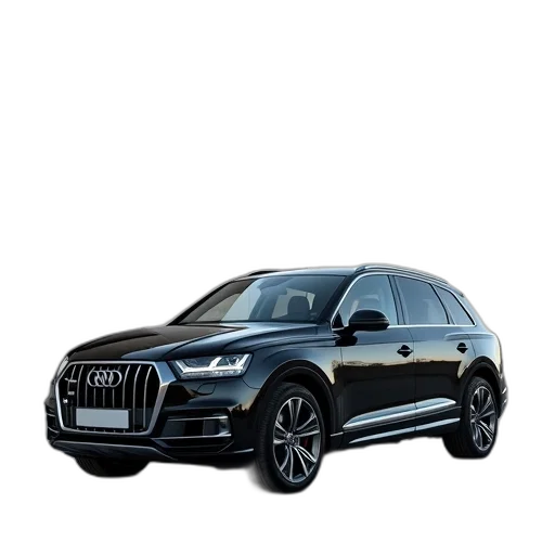 car, 3d render, photorealistic, black, audi, suv, parked, front transparent PNG cut-out