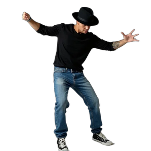 hat, jacket, robot, shoes, young, man, dancer, black transparent PNG cut-out